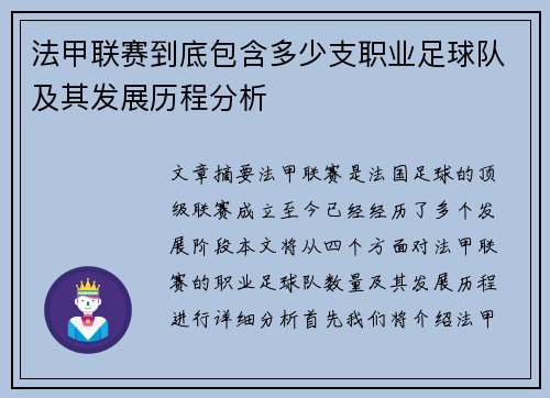 法甲联赛到底包含多少支职业足球队及其发展历程分析