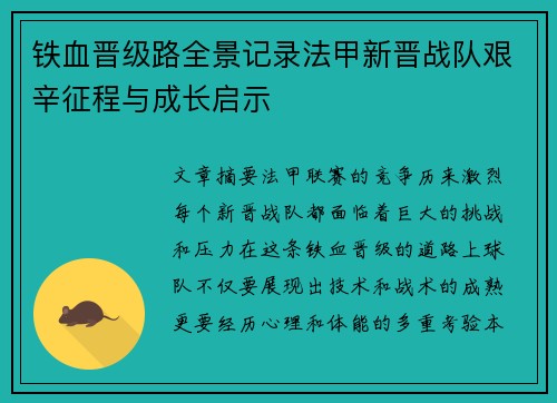 铁血晋级路全景记录法甲新晋战队艰辛征程与成长启示