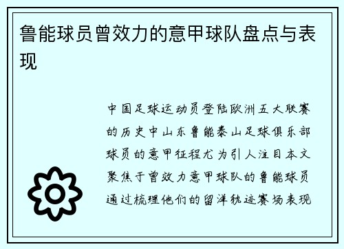 鲁能球员曾效力的意甲球队盘点与表现