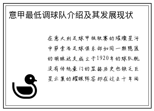 意甲最低调球队介绍及其发展现状
