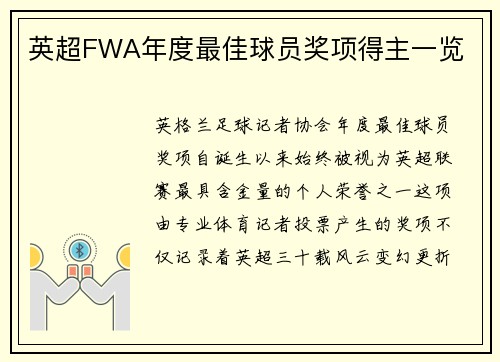 英超FWA年度最佳球员奖项得主一览