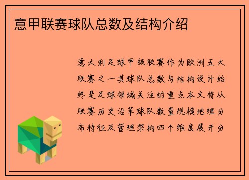 意甲联赛球队总数及结构介绍